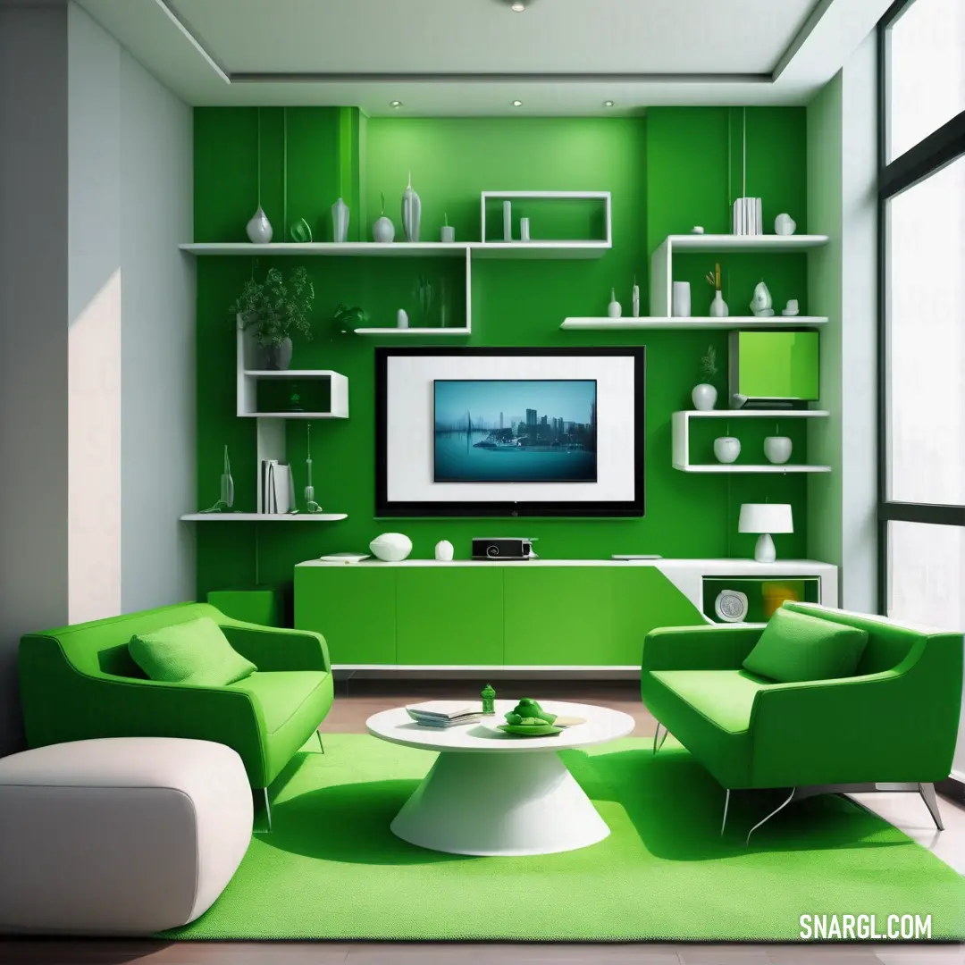 Living room with green furniture and a white coffee table and a television on a wall above a green couch. Color CMYK 59,0,88,27.
