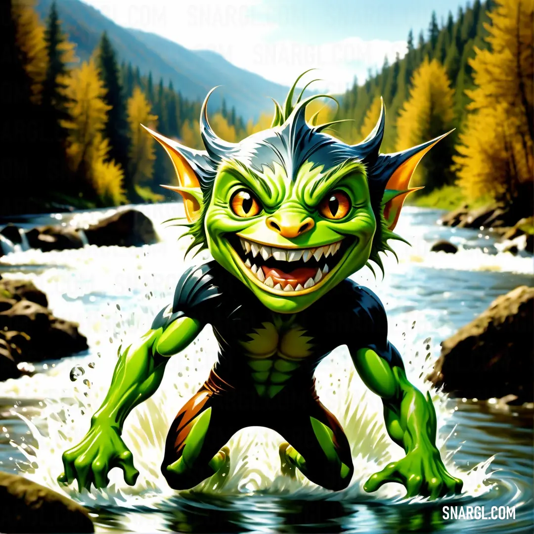 Kelly green color example: Painting of a troll in the water with a mountain background