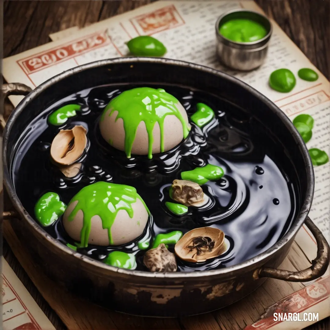 Kelly green color example: Pan filled with green and white food on top of a wooden table next to a cup of green liquid