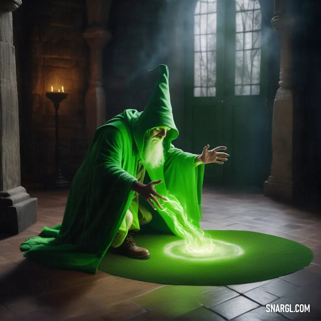Wizard on a green rug in a dark room with a candle in the corner and a green light shining on the floor. Example of CMYK 59,0,88,27 color.