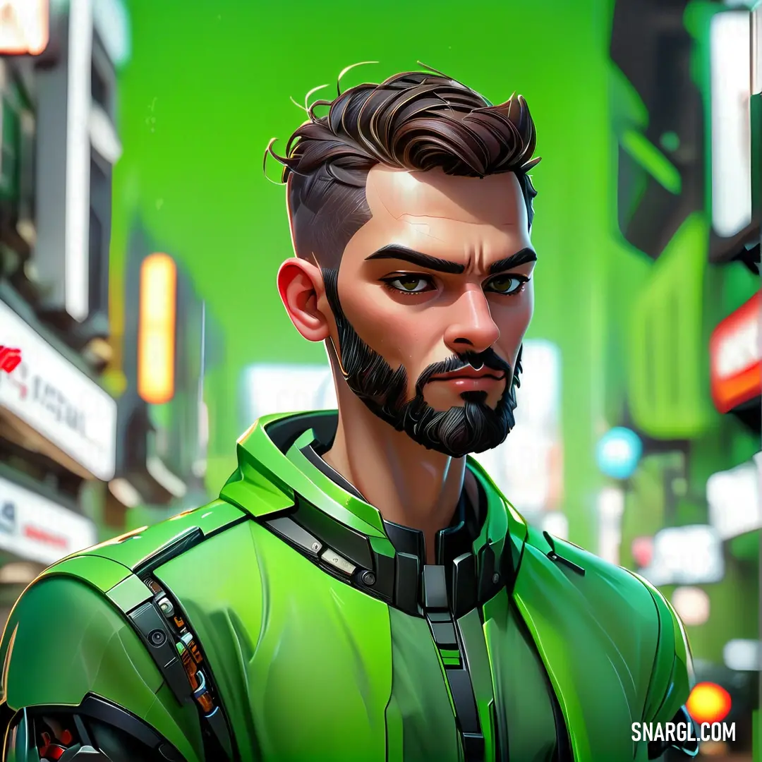 Man with a beard and a green suit on a city street at night with neon signs in the background