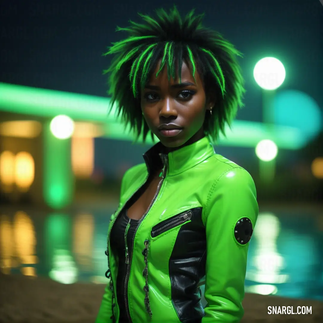 Woman with green hair and a green jacket standing in front of a pool at night with lights on