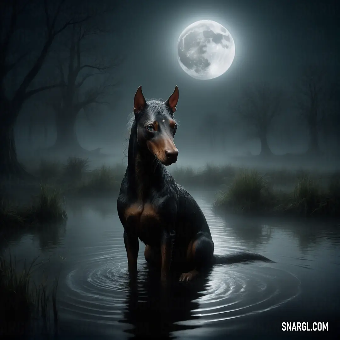 Dog is in the water with a full moon in the background