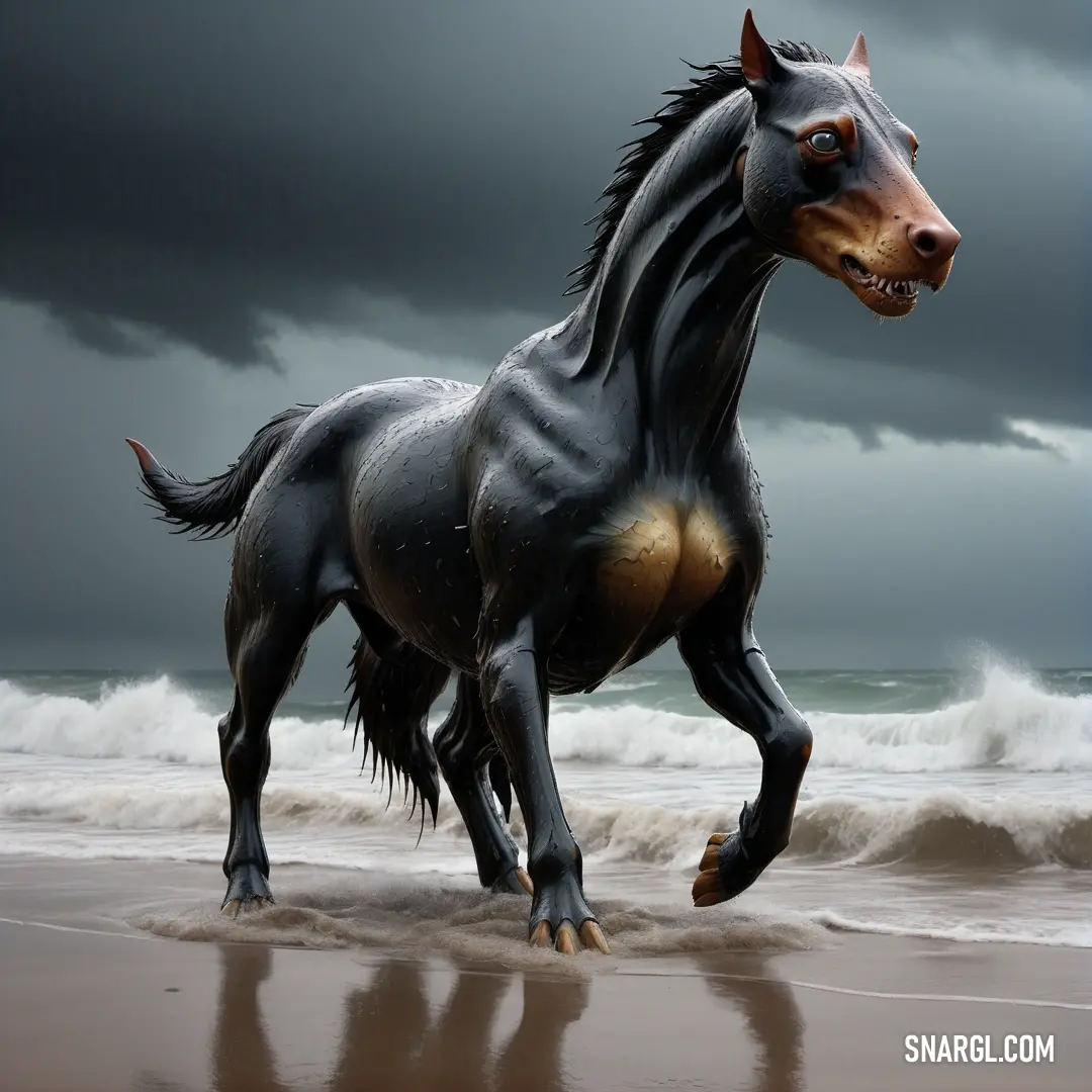 Horse is running on the beach in the sand and water with a dark sky in the background