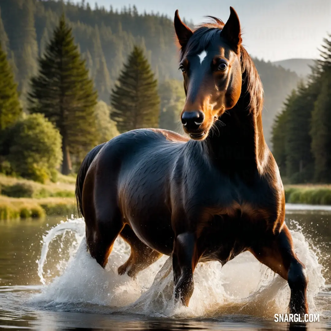 Horse is running through the water in the woods and trees in the background