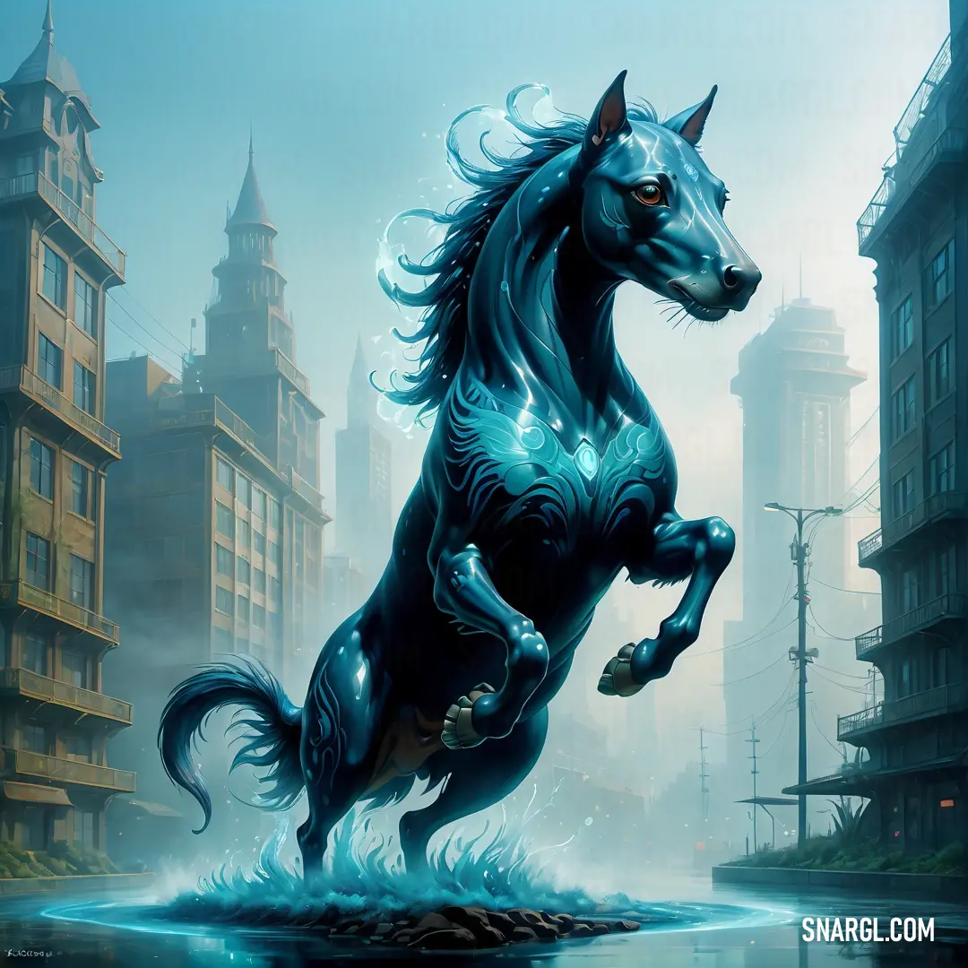 Horse is standing on its hind legs in the water in front of a cityscape with buildings