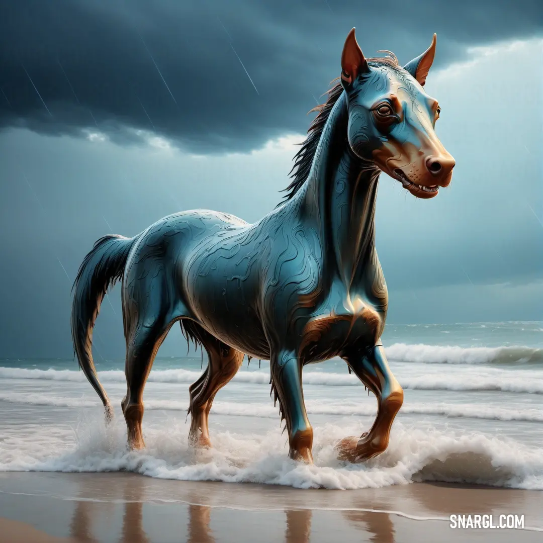 Horse is standing in the water on a beach with a storm in the background