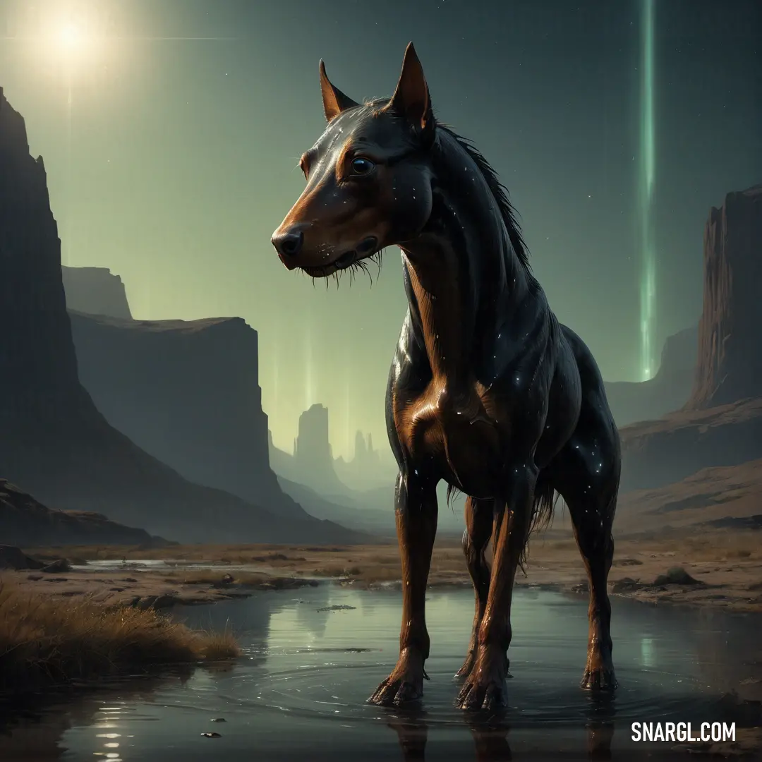 Kelpie standing in a body of water in a desert area with a bright light in the background and a distant mountain range