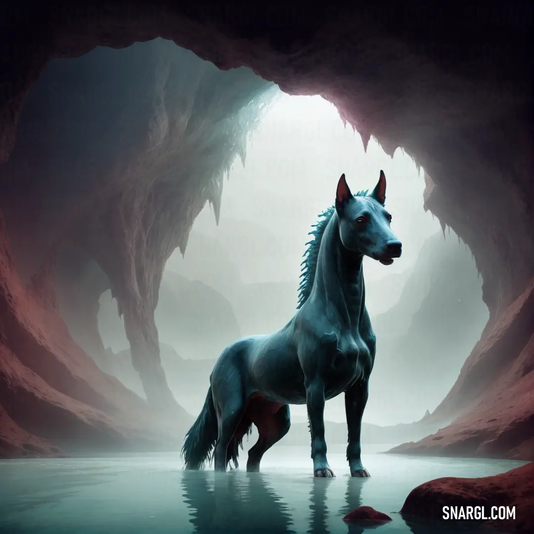 Horse standing in a cave with water in it's mouth