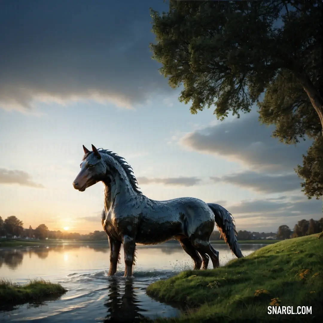 Horse standing in the water at sunset near a tree and a body of water with grass and trees
