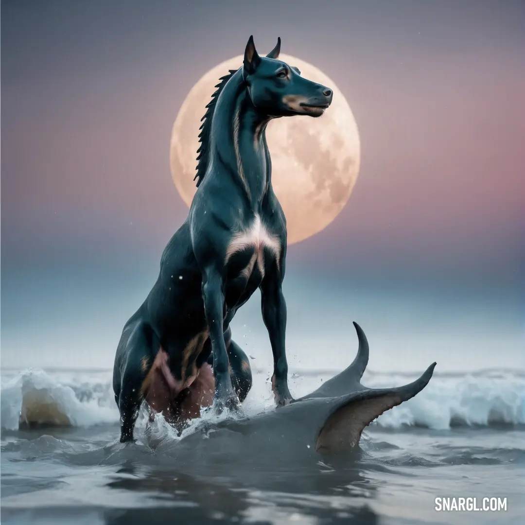 Horse standing on top of a shark in the ocean with a full moon in the background