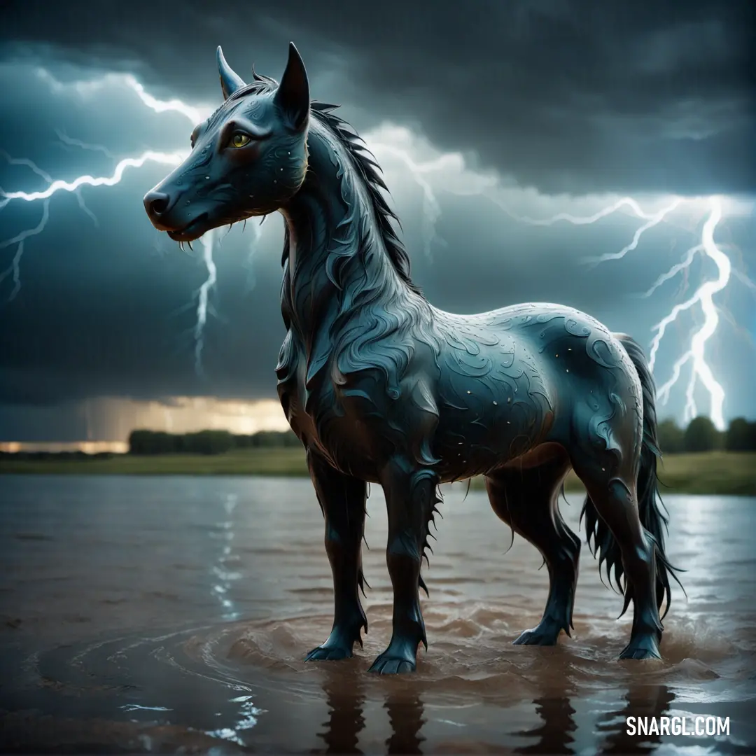 Horse statue is standing in the water under a storm cloud and lightning bolt in the sky above it