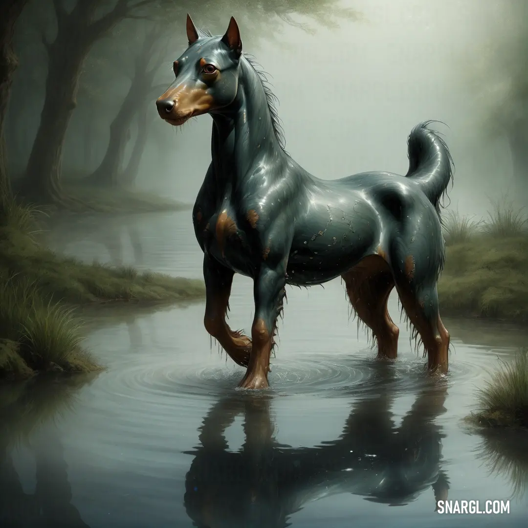 Painting of a horse standing in a river in a forest with fog and trees around it