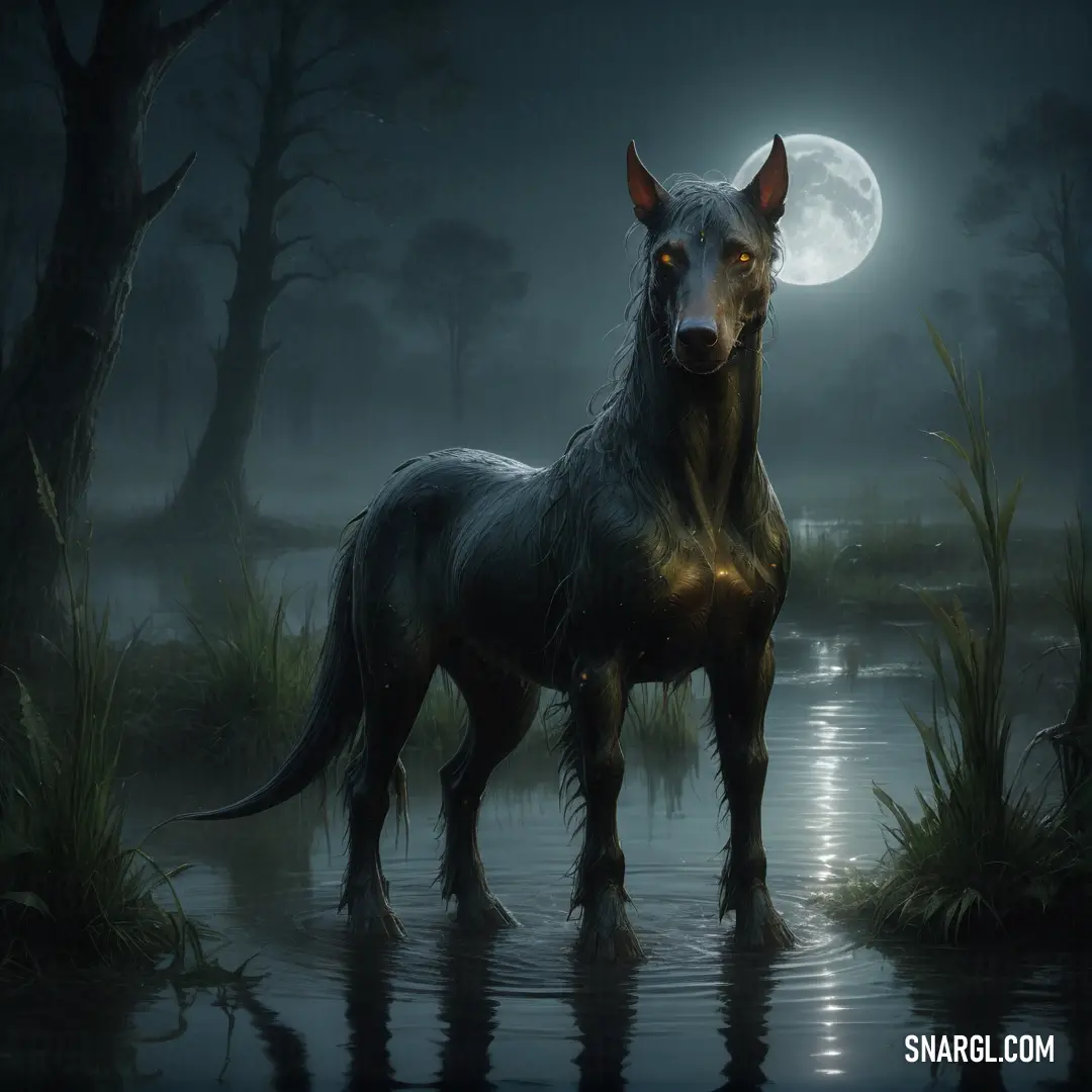 Painting of a wolf standing in a swamp at night with a full moon in the background and a body of water in the foreground
