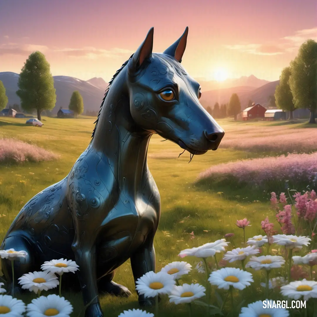 Statue of a dog in a field of flowers with a sunset in the background