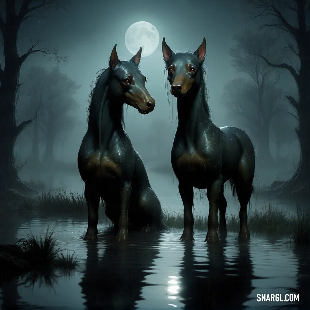Two horses are standing in the water at night with a full moon in the background and trees in the foreground