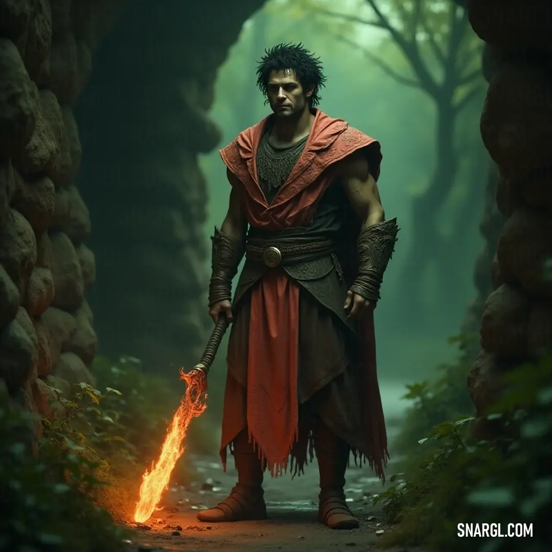 A daring figure in a vivid red outfit wields a glowing flame, surrounded by a lush forest alive with trees and natural beauty, exuding vitality and courage. An adventurous figure in a bold red outfit stands firmly, clutching a fiery stick, poised amidst a vibrant forest brimming with trees and nature's liveliness.