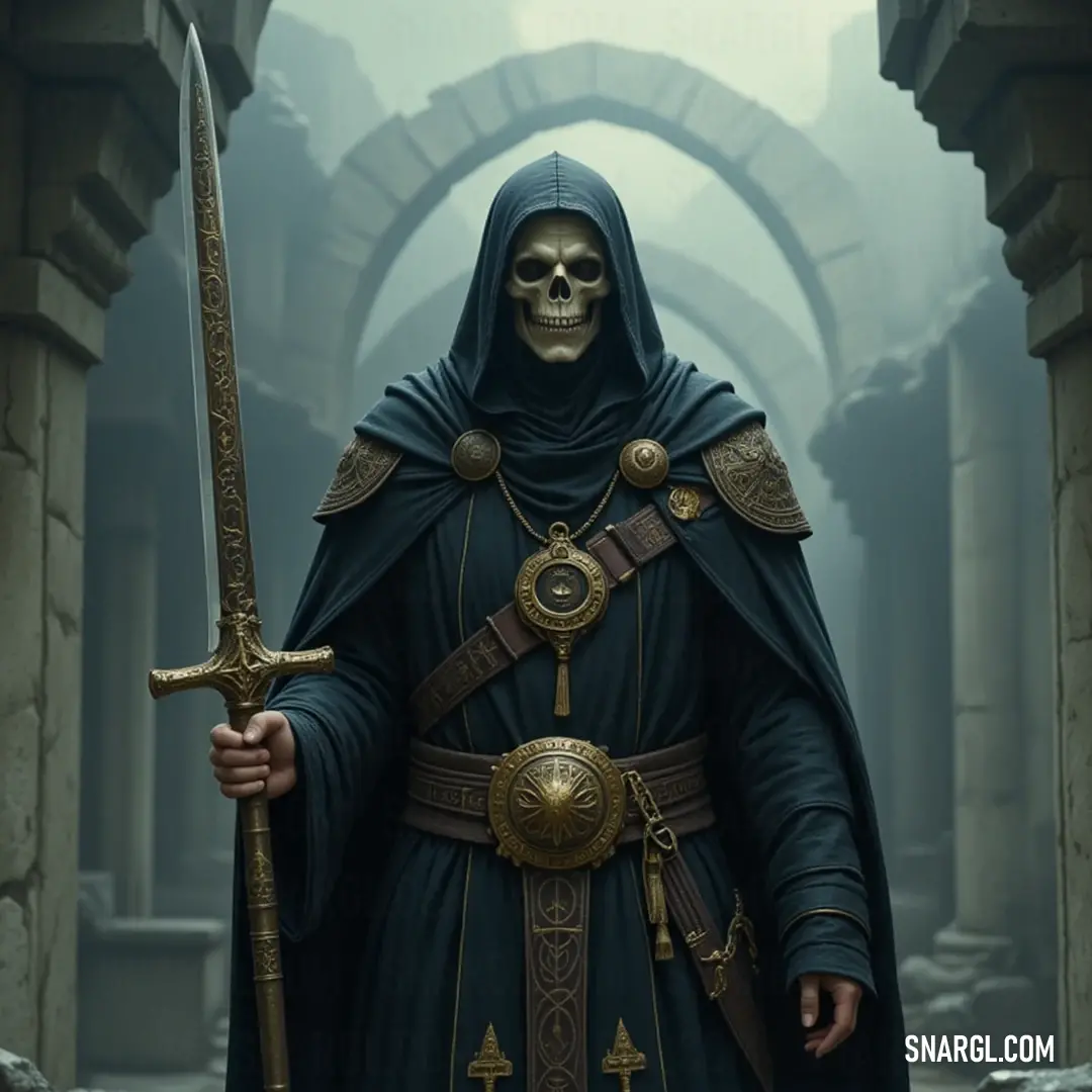 A shadowy figure in a black robe, holding a sword and skull, stands within an eerie alleyway defined by majestic arches, evoking an atmosphere of mystique. An enigmatic character cloaked in a deep black robe, grasping a sword and adorned with a skull, stands amidst a shadowy alley framed by ancient arches, enveloped in an aura of foreboding and power.