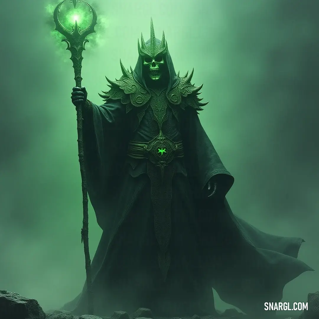 A wizard holds a luminous green staff, surrounded by fog and rocks, embodying the essence of magic and adventure in a mystical setting. A mystical wizard exuding an air of magic, wielding a glowing green staff, stands surrounded by rocks and mist in a foggy landscape, creating an otherworldly ambiance full of wonder and enchantment.