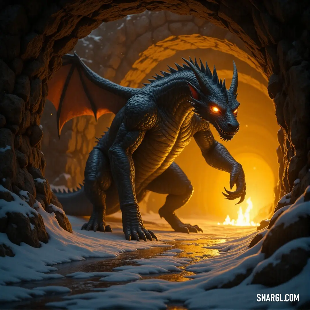 Kethril, with glowing eyes, steps out of a snow-laden tunnel into the wilderness, a creature of shadow and light. Kethril, glowing eyes piercing through the dark, emerges from a snow-covered tunnel. The cold wind swirls around its form as it steps into the open, its gaze focused and mysterious, as though it is ready to confront whatever lies ahead.