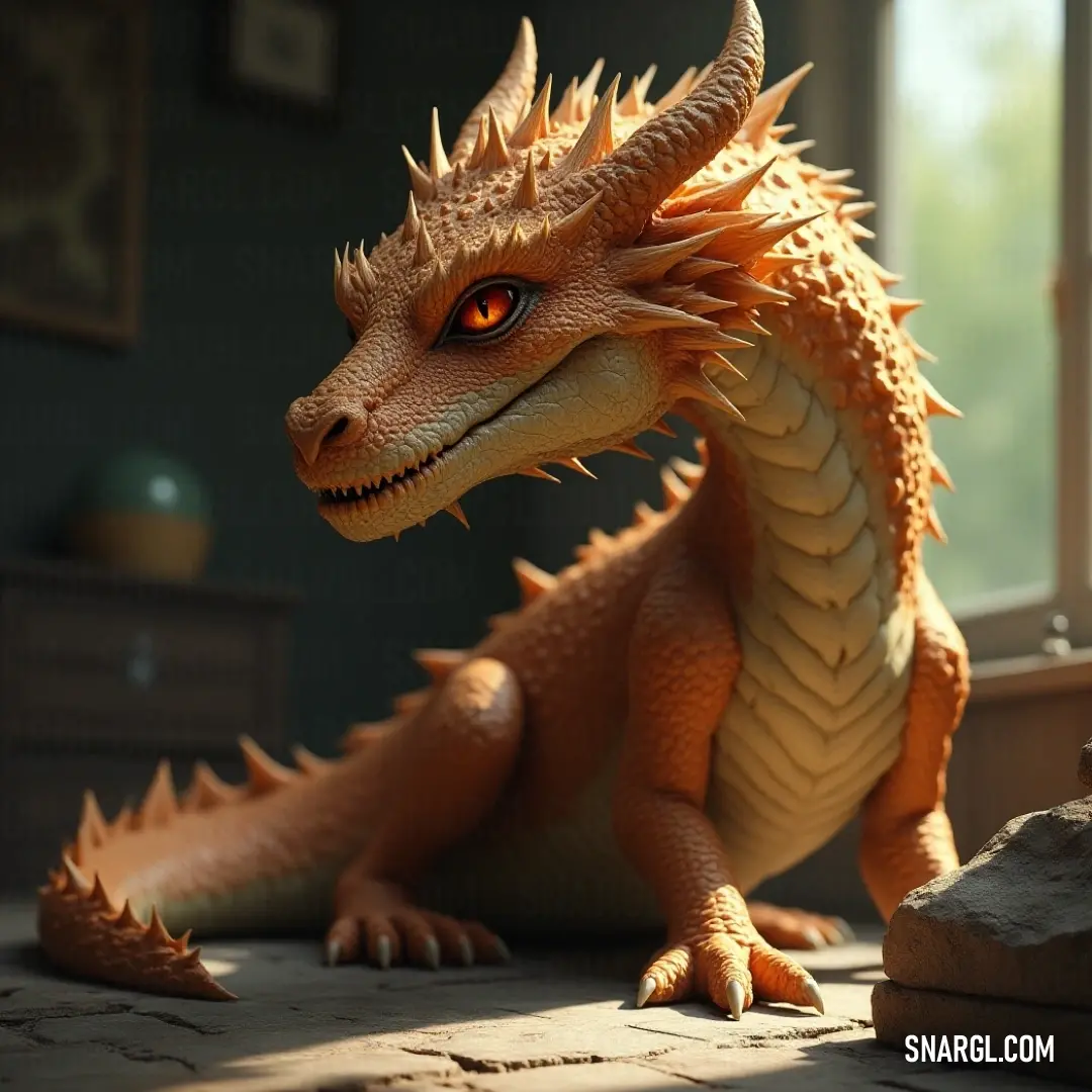 A toy version of a fantastical creature rests on the floor in a room with a window and dresser, blending fantasy with reality. A small toy replica of a creature lies on the floor of a cozy room, with a window and a dresser in the background. The setting contrasts the toy's fantastical design with a more mundane, everyday environment.
