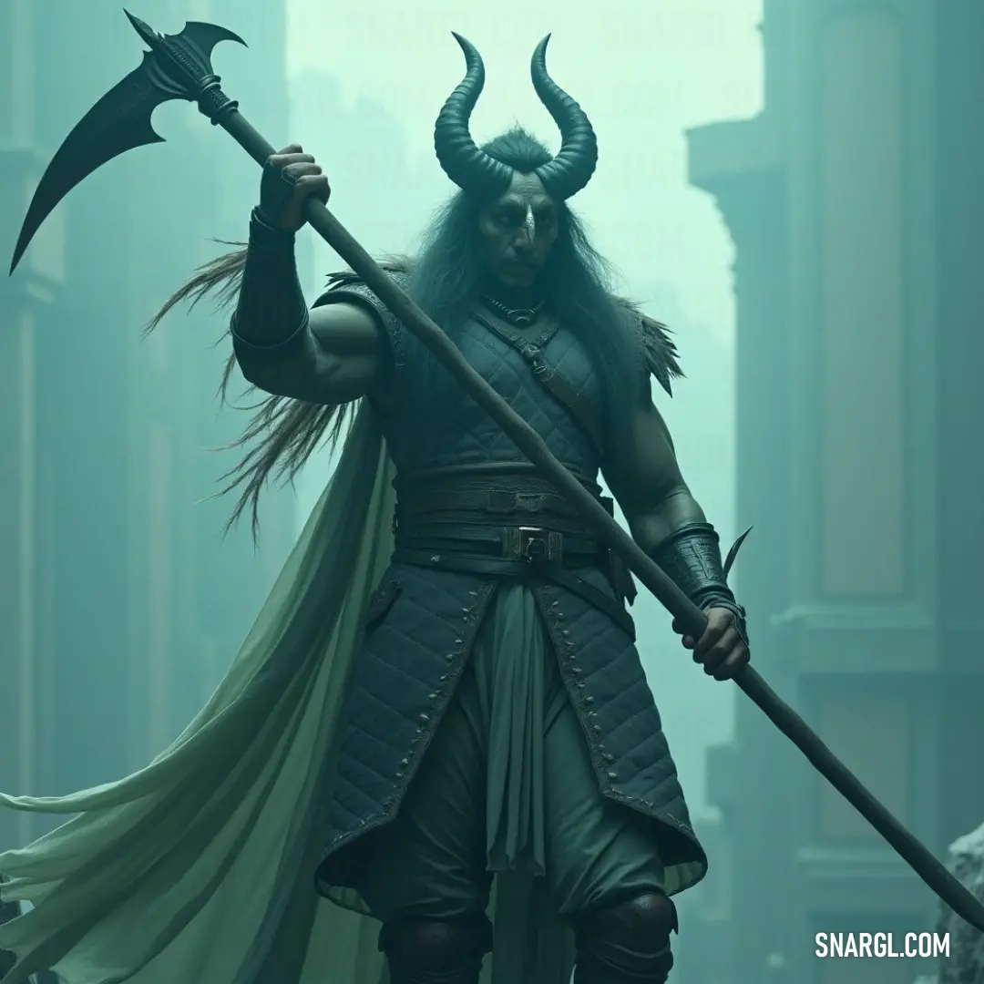 A bold warrior in a horned costume wields dual axes within the mysterious confines of a dark cave, embodying strength and courage. A fierce warrior robed in a striking horned costume wielding two formidable axes stands proudly in a dimly lit cave, his imposing presence commanding attention in the shadowy depths.