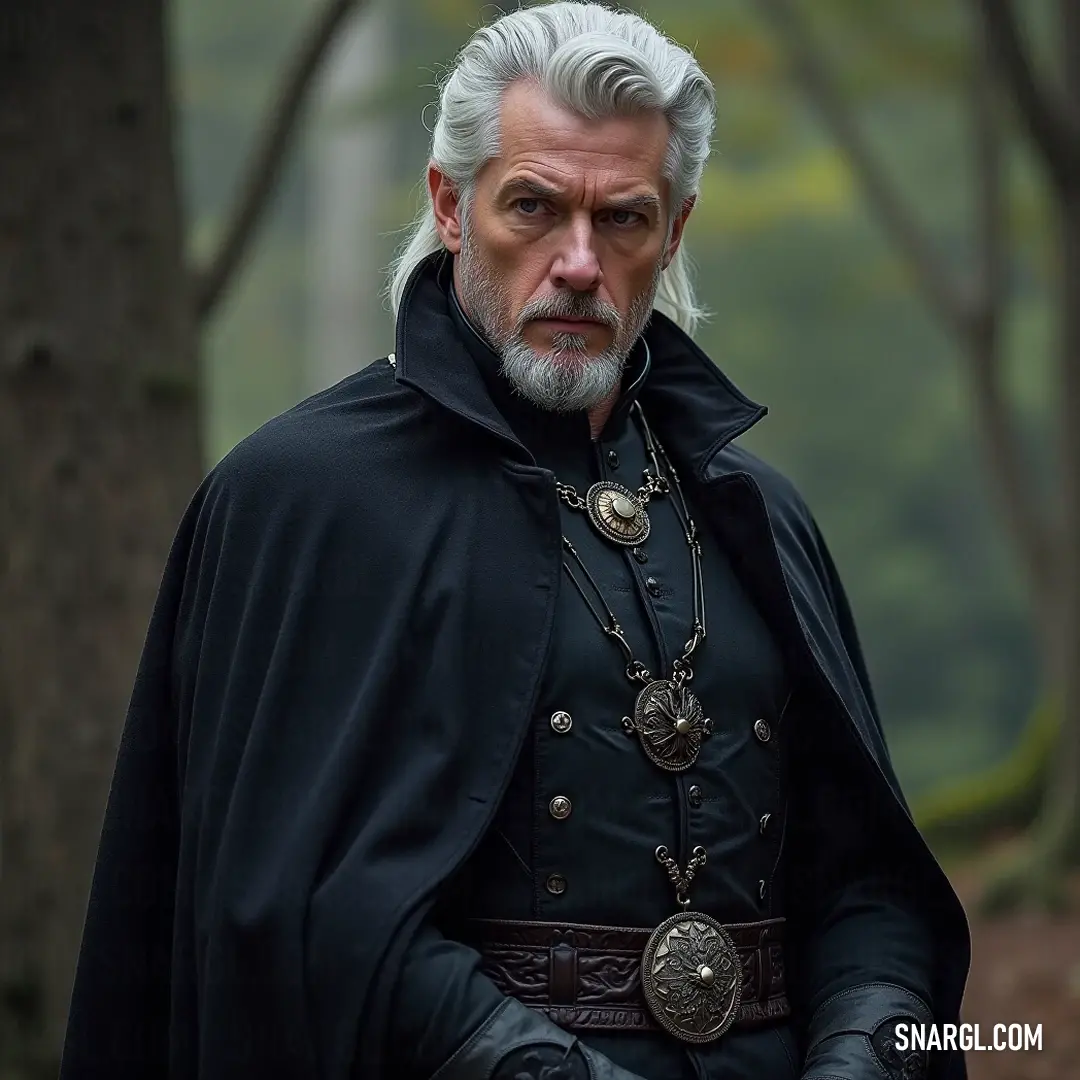 An enigmatic sorcerer draped in a shadowy cloak, with a long white beard, stands poised, exuding a sense of ancient wisdom and profound strength amidst an ethereal setting. A wise mage cloaked in darkness, adorned with silver chains and a majestic ring, gazes thoughtfully into the distance, evoking an aura of mystique and power against a backdrop of swirling shadows.