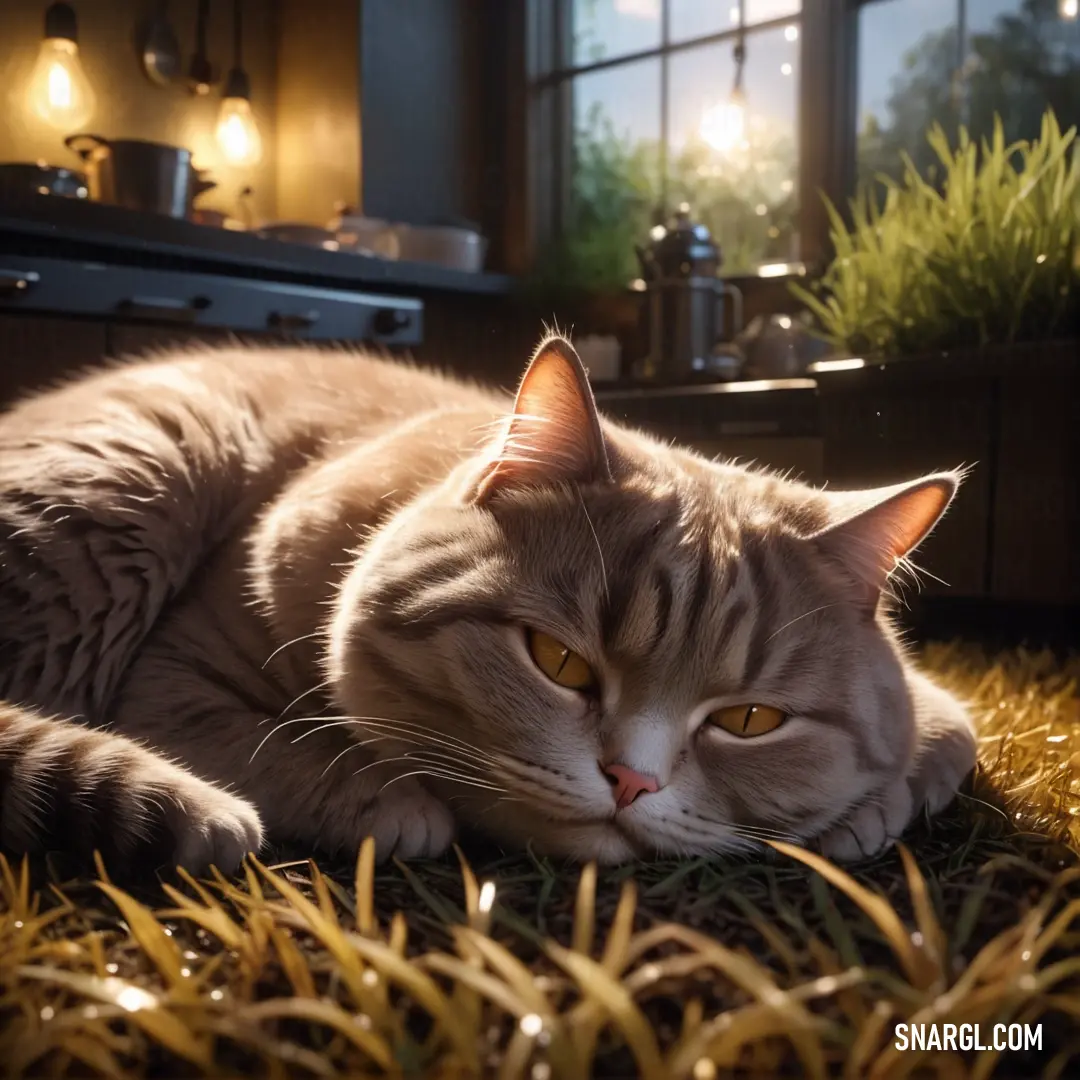 Cat laying on the ground in a kitchen with a window in the background and a potted plant in the foreground