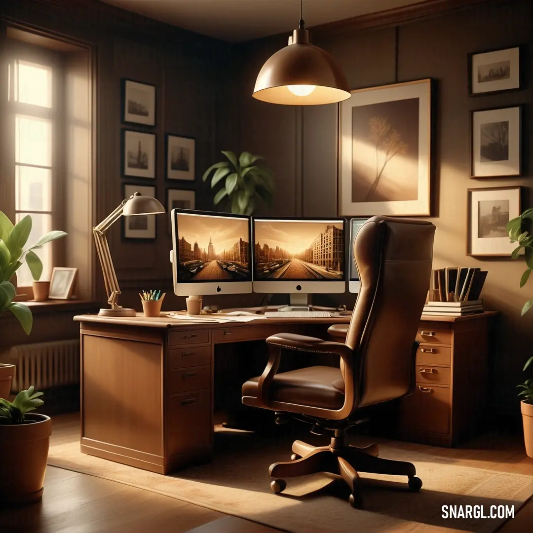 Desk with a computer and a chair in a room with a potted plant and a potted plant. Example of #C3B091 color.