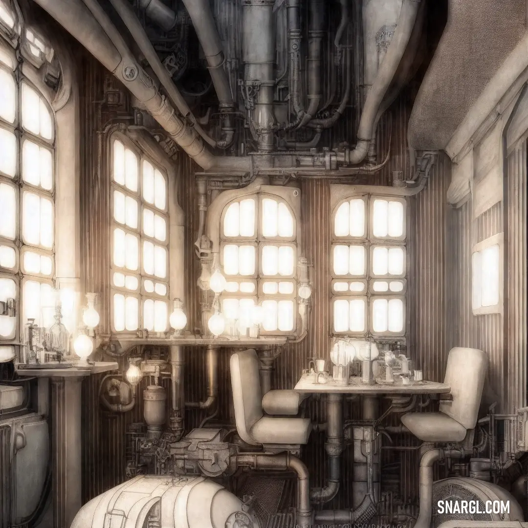 Drawing of a room with a lot of windows and pipes and a table with chairs and a vase. Color #C3B091.