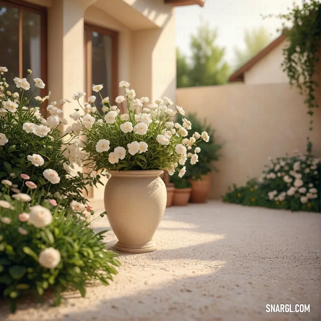 Vase of flowers on a patio next to a house with a window and a door way in the background. Color #C3B091.