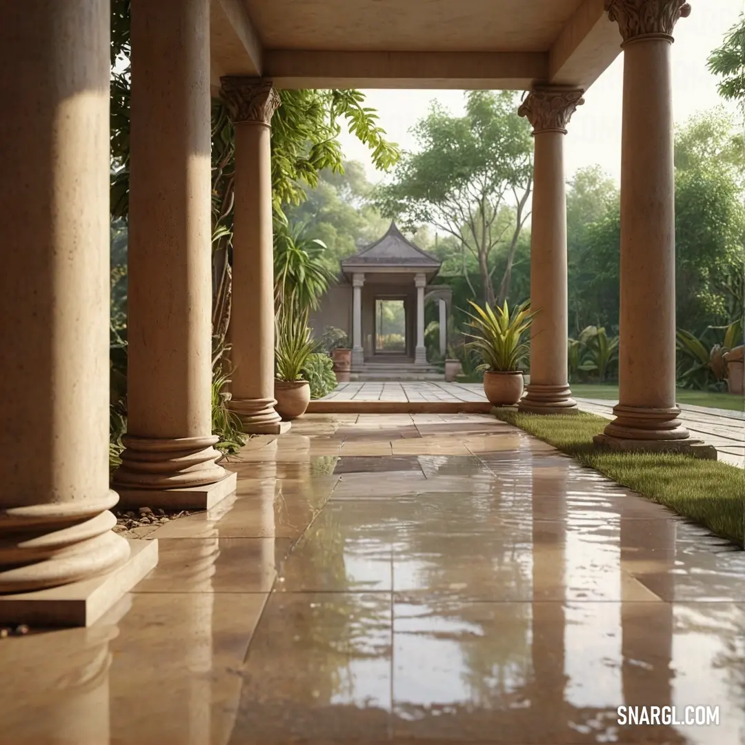 Walkway with columns and a gazebo in the background. Color #C3B091.