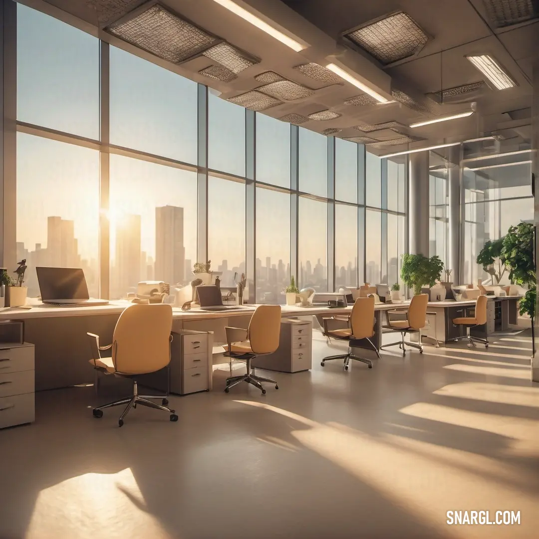 Large office with a view of the city outside the window and a desk with chairs and a laptop. Color RGB 195,176,145.