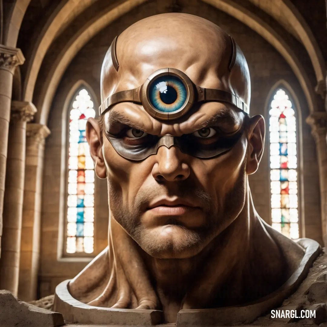 Man with a strange eye and a strange head in front of a stained glass window in a church