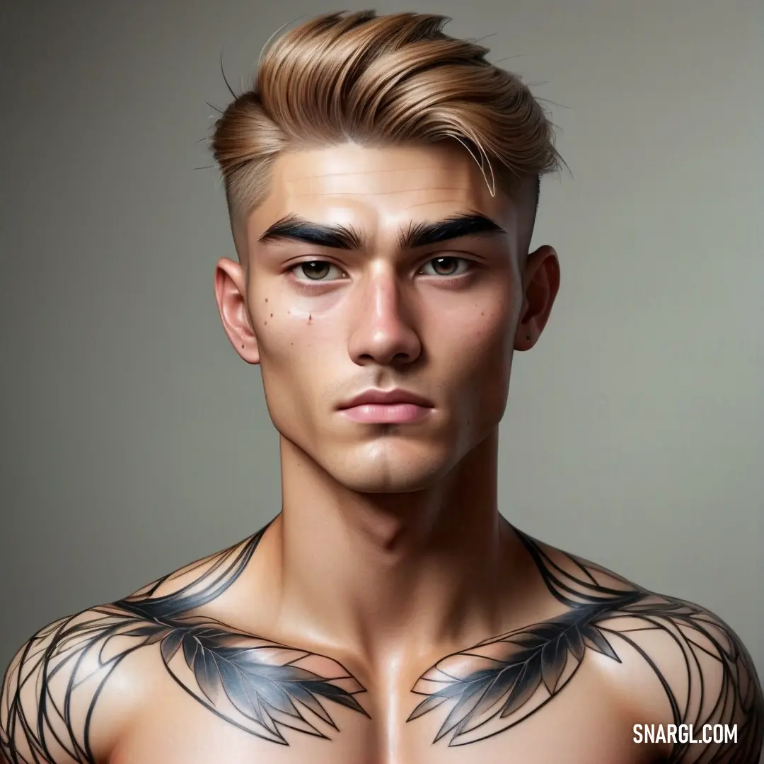 Man with a tattoo on his chest and chest is looking at the camera