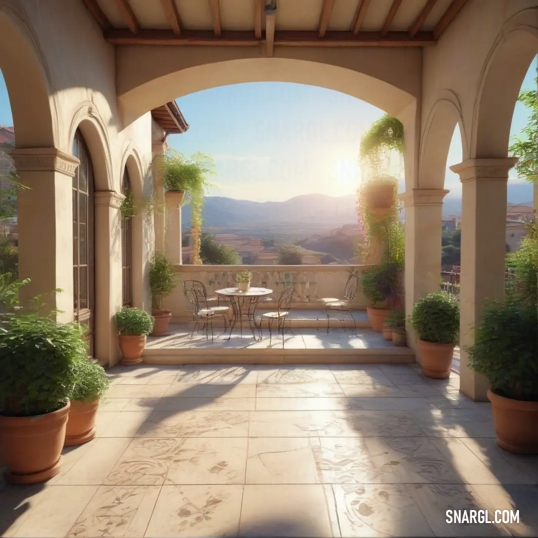 Patio with a table and chairs and a view of mountains and valleys in the distance with a sun shining through the arch