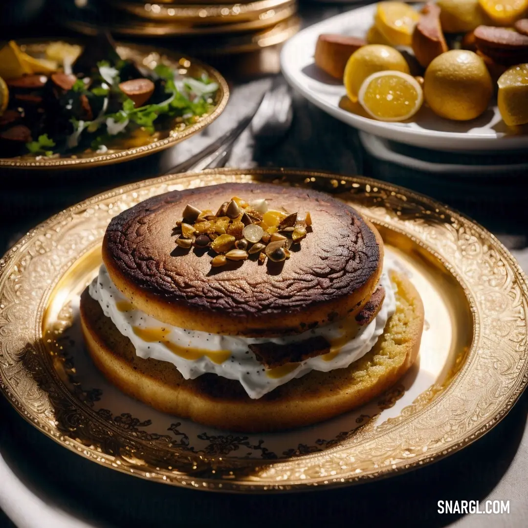 Plate with a cake on it and other plates of food on the table behind it