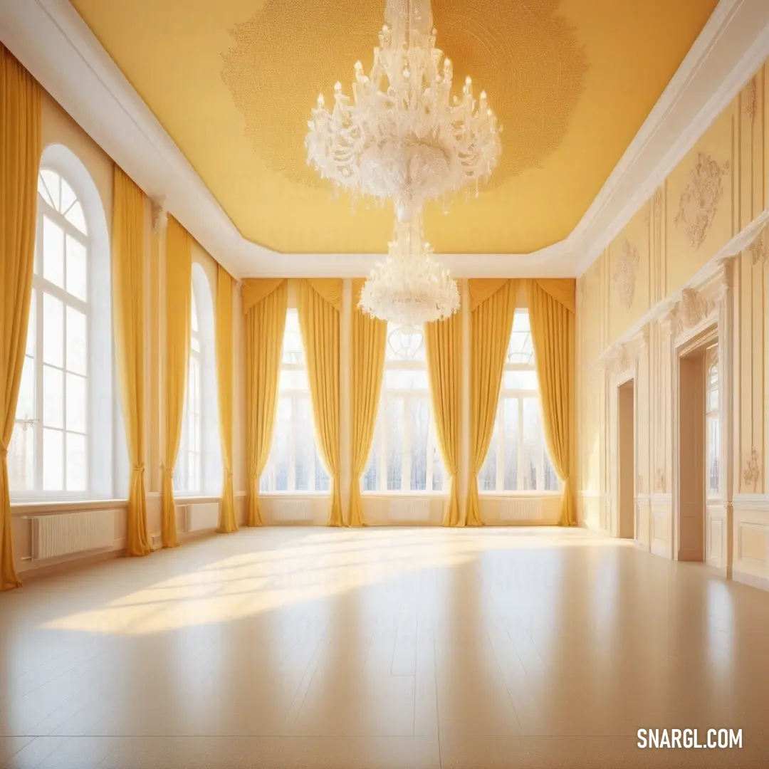 Khaki color example: Room with a chandelier and a large window with curtains on it and a chandelier hanging from the ceiling