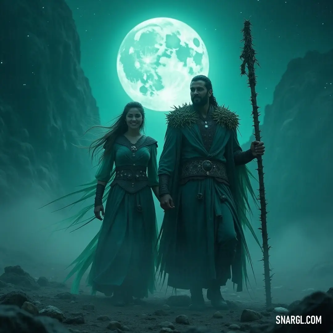 A striking depiction of a man and Khal Drogo under the full moon, illustrating their formidable presence and readiness for the challenges ahead in the night. Under the luminous glow of the full moon, a man and Khal Drogo prepare for an epic showdown, both grasping their spears with unwavering resolve, radiating an aura of strength and anticipation.