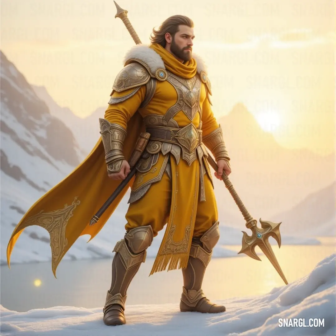 A powerful figure dressed in a yellow warrior’s outfit stands resolutely in a snow-covered landscape, holding a sword, ready to face whatever challenges lie ahead amidst the looming mountain peaks.