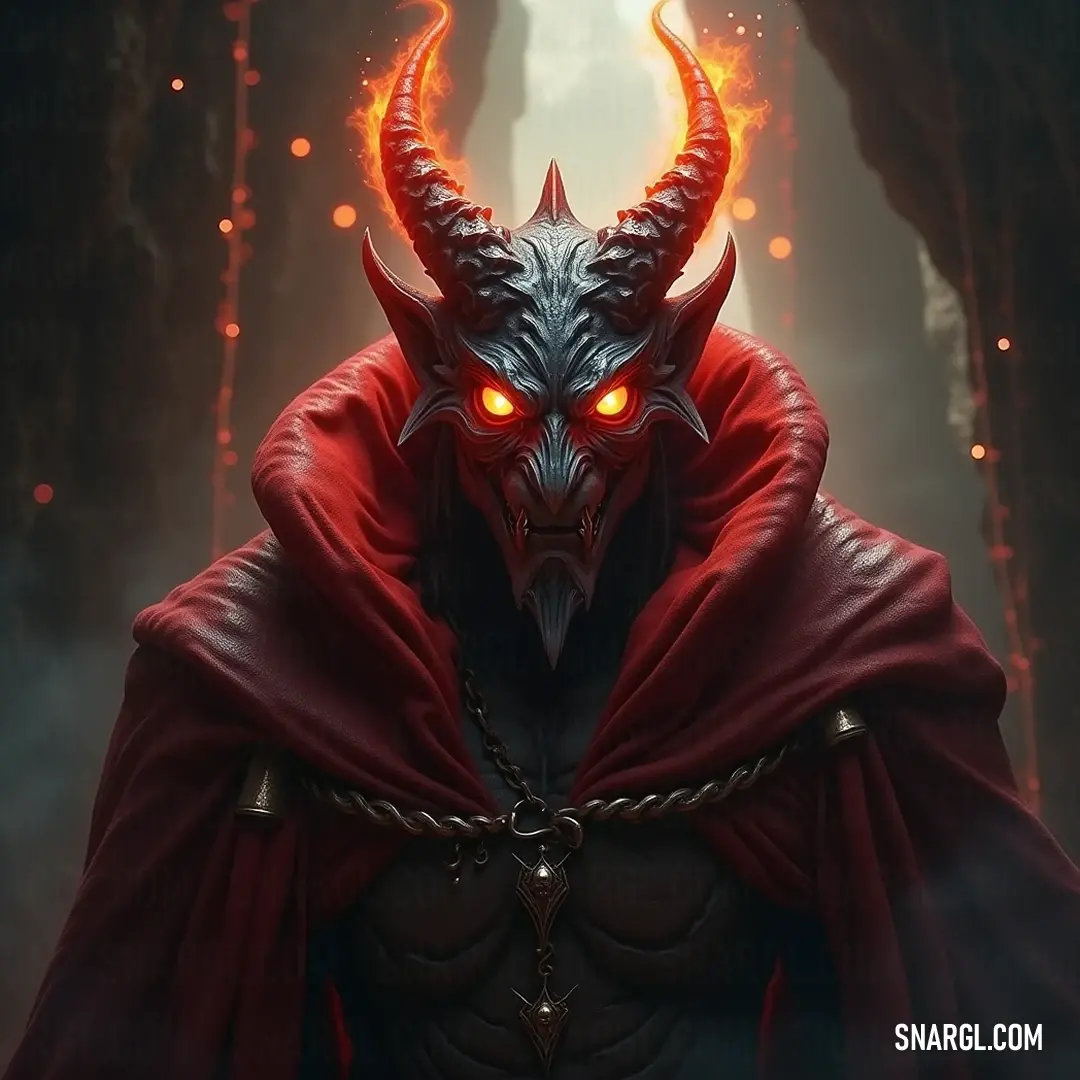 Demonic Khem, crowned with glowing eyes and a flowing red cape, stands proud against an ominous background, reflecting his fierce and captivating energy. In a dramatic display, the formidable Khem, with piercing glowing eyes and a striking red cape draped over his head, stands defiantly, embodying the essence of power against a dark and foreboding backdrop.