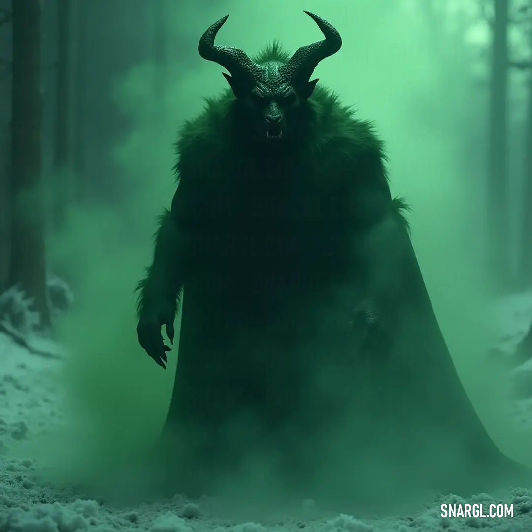 Khem, adorned in a striking horned costume, stands confidently amidst a mystical forest filled with dense fog and towering trees, his presence commanding reverence in this enchanted setting.