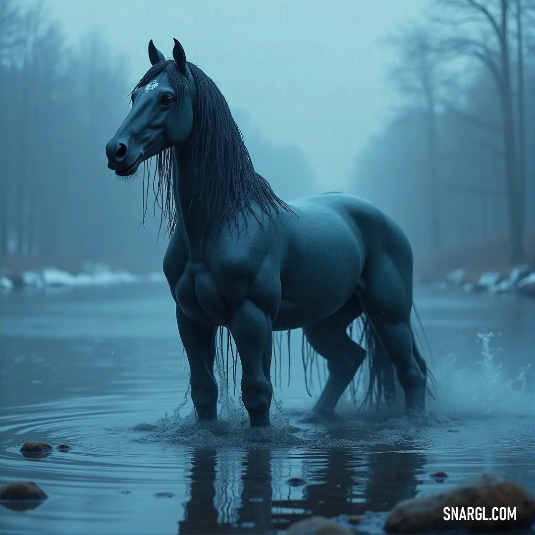 A horse calmly stands in a quiet forest’s body of water, surrounded by tall trees and scattered rocks. The serene atmosphere is highlighted by the peaceful reflections on the water's surface.