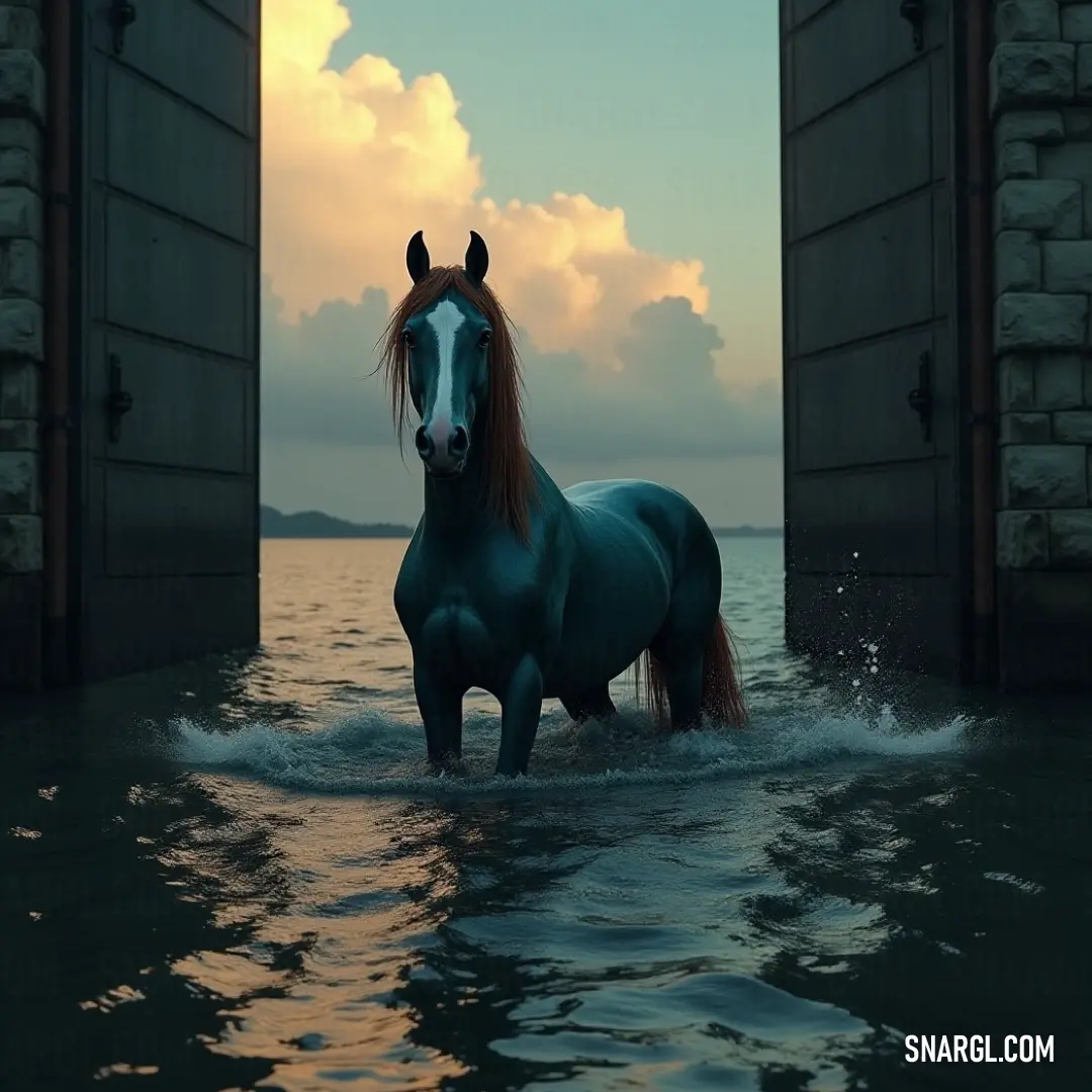 Kiera stands majestically in the water near an open gateway to the ocean, surrounded by clouds, symbolizing the beauty of nature and the spirit of adventure. Kiera stands majestically in water, near an open gateway to the ocean, her silhouette framed by clouds swirling overhead, merging nature's beauty with the allure of adventure and discovery.