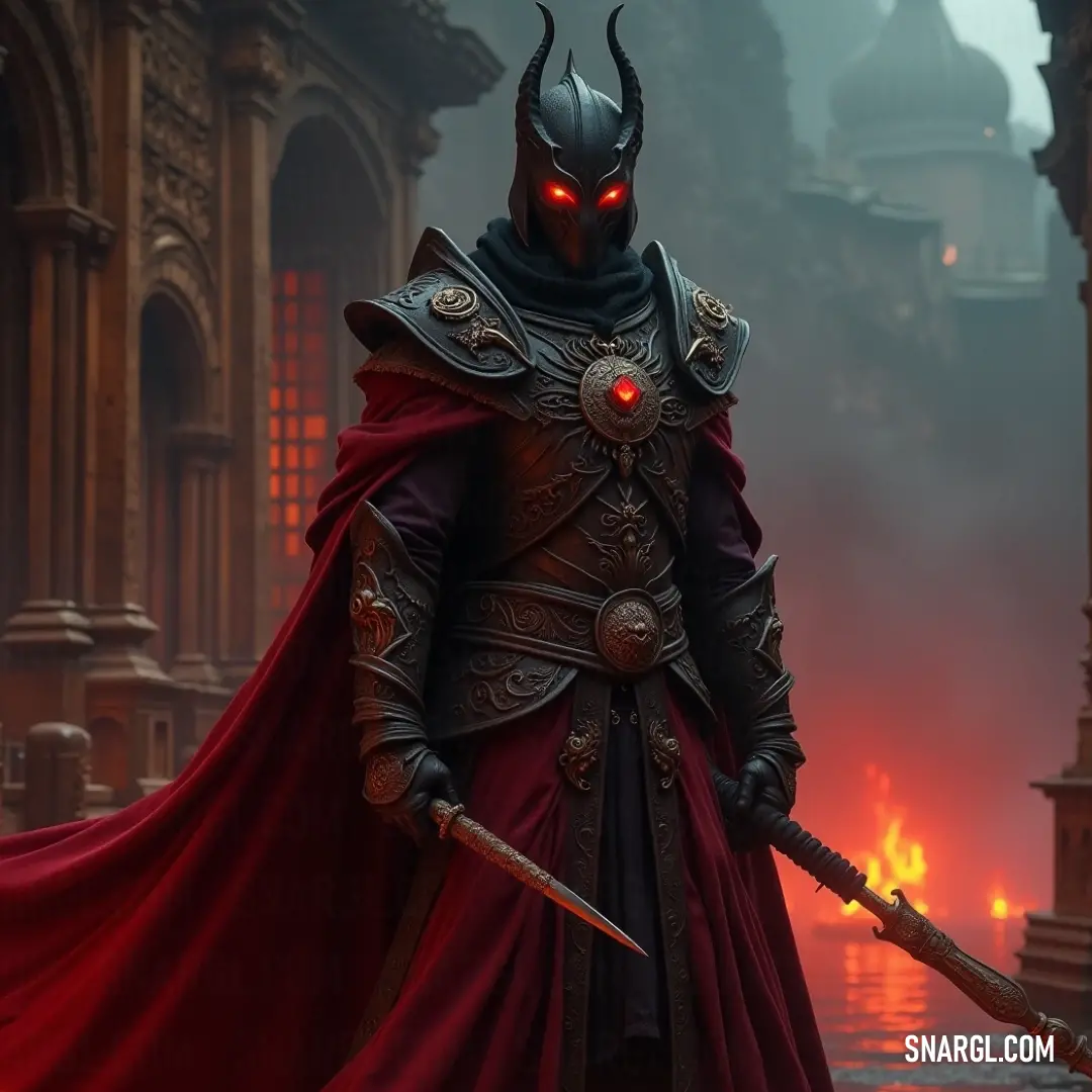 A heroic figure clad in a red cape and black mask stands amidst a fiery cityscape, gripping a sword, a beacon of courage in the chaos. In a perilous urban landscape engulfed in flames, a masked figure draped in a red cape clutches a sword, embodying the spirit of a fearless warrior ready to confront any challenge.