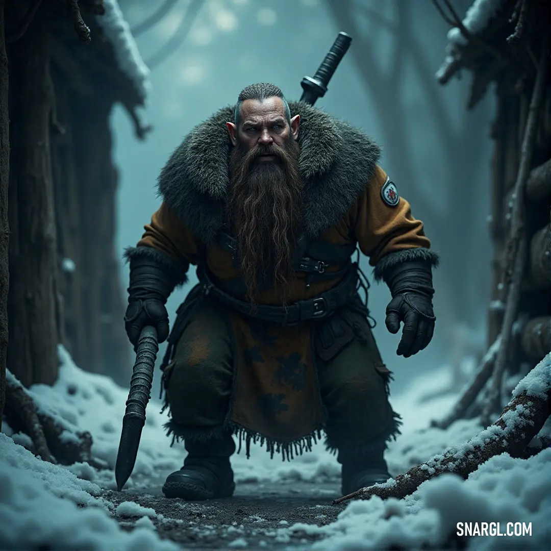A determined man with a beard holds a sword firmly as he stands in the middle of a snow-covered forest. Tall trees tower above him, and the cold air is filled with the quiet crunch of snow beneath his feet.