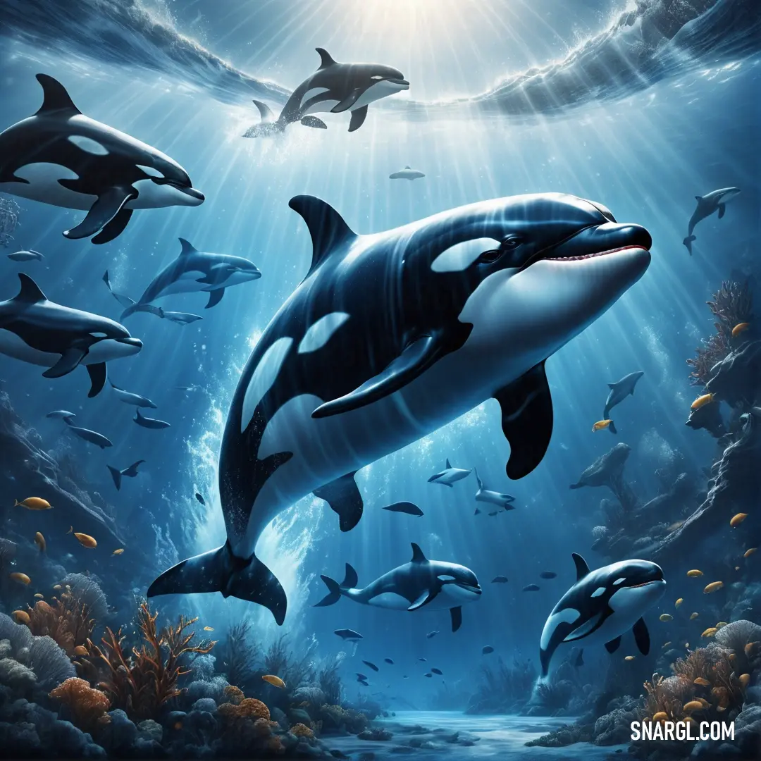 A group of dolphins swimming together in the ocean, bathed in sunlight that filters through the water and illuminates their playful movement. A group of dolphins gracefully swim through the ocean, their sleek bodies gliding effortlessly beneath the waves. Sunbeams pierce the water, casting a warm glow over the scene as the dolphins playfully swim together.