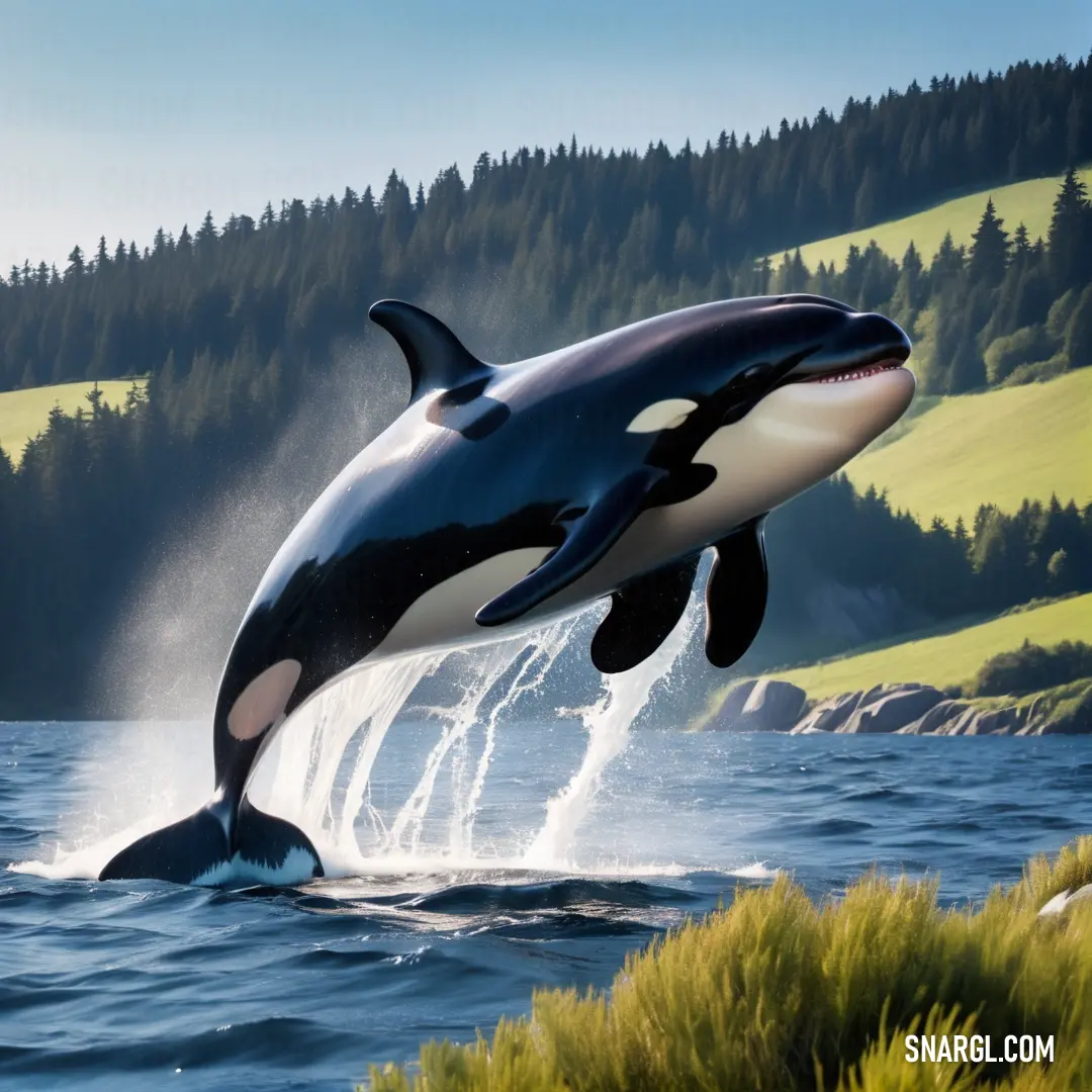 A large black-and-white whale soars out of the water, with a lush, green forest providing a scenic backdrop, emphasizing the contrast between land and sea.