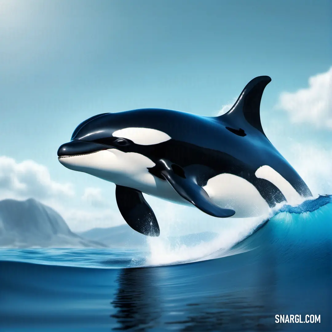 A magnificent whale breaches the ocean's surface against a vast, open sky, creating an awe-inspiring spectacle of nature's power and beauty.
