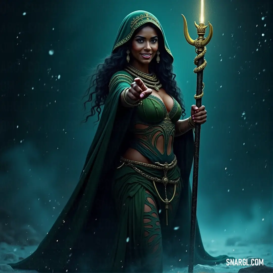 Kimbiri stands with a staff in each hand, one ablaze with fire. Her green outfit symbolizes her connection to the earth, while the fiery staff reflects her command over the elements. Kimbiri, dressed in green, stands with a staff in each hand, one of which is engulfed in fire. Her attire complements the natural power she embodies, blending the elements of earth and fire in a striking display of strength.